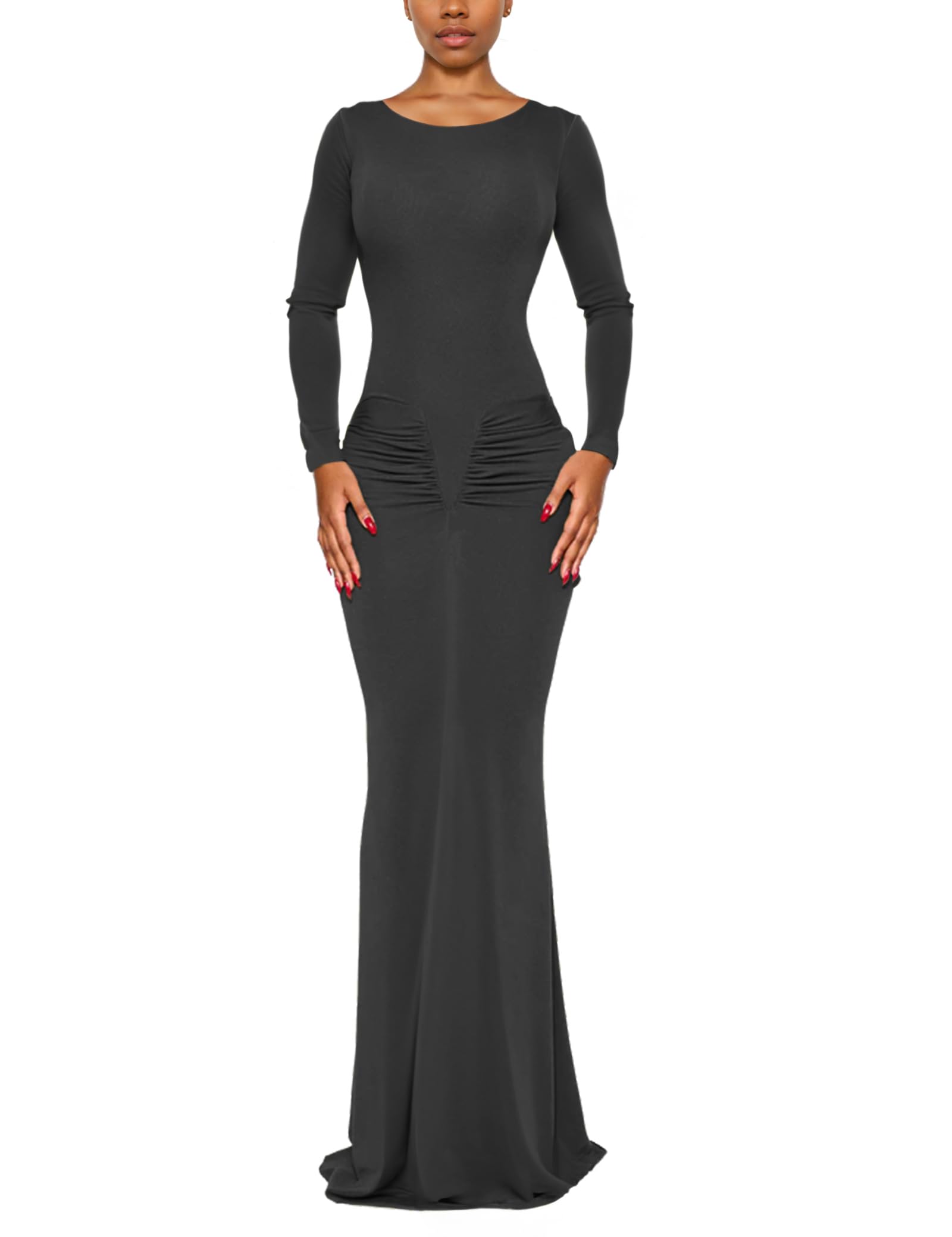 Women’s Maxi Dress Long Sleeve O-Neck Body-Shaping Classic Cinched Waist Bodycon Party Elegant Long Dress