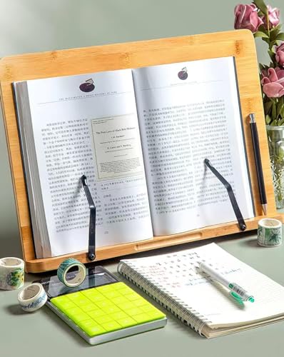URbazaar Adjustable Reading Rest Cook Book Document Stand Holder Bookrest Bamboo Adjustable Book Holder Tray and Page Paper Clips-Cookbook Bookstands-Music Books Tablet Cook Recipe Stands