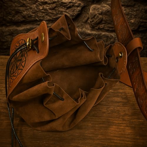 Image of Leather Belt Pouch Medieval Vintage Renaissance Viking LARP Cosplay Costumes Drawstring Coin Purse Phone Holder Waist Bag (Phoenix)