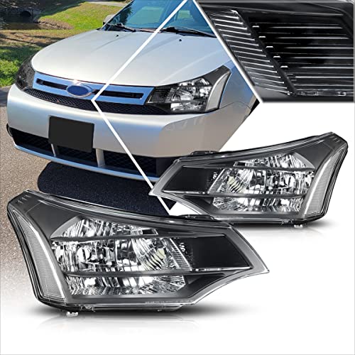 PM PERFORMOTOR Headlights Assembly Compatible with 08-11 Ford Focus Sedan Coupe 2Pcs Replacement Headlamps with Black Housing Clear Corner