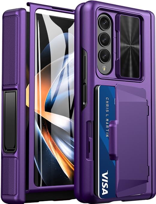 Viaotaily for Galaxy Z Fold 4 Case with Kickstand & Card Holder & Hinge Protection & Sliding Camera Cover, Built-in Screen Protector, Durable Rugged Phone Case for Samsung Z Fold 4, 2022, Dark Purple