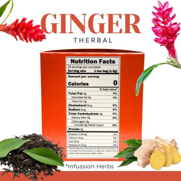 Therbal Jengibre (Ginger) Herbal Tea – 25 Tea Bags – With Black Tea, Palo Brasil, and Orange Flavor – Natural Infusion Blend | Natural pleasantly spicy | healthy digestion - Image 2