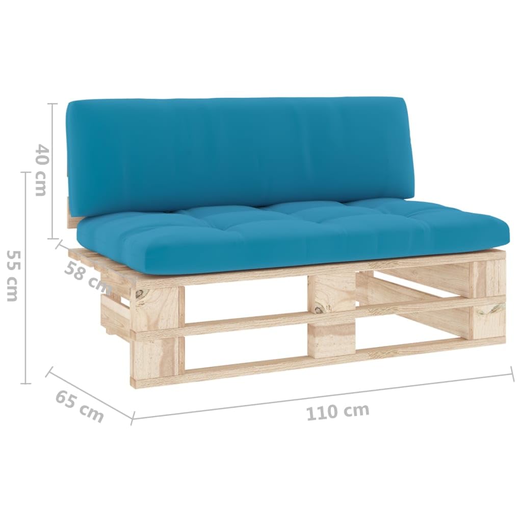 Paletten-Mittelsofa aus imprägniertem Kiefernholz, 110 x 65 x 55 cm, Blau, mit Sitz- und Rückenkissen, 16,57 kg
