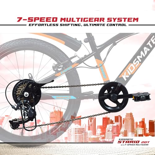 Image of Kidsmate Stario Bike 20T 7 Speed Kids Cycle | Frame Size 12 Inch | Gear Bicycle for Boys & Girls of Ages 7 to 10 Yrs - Black /Orange