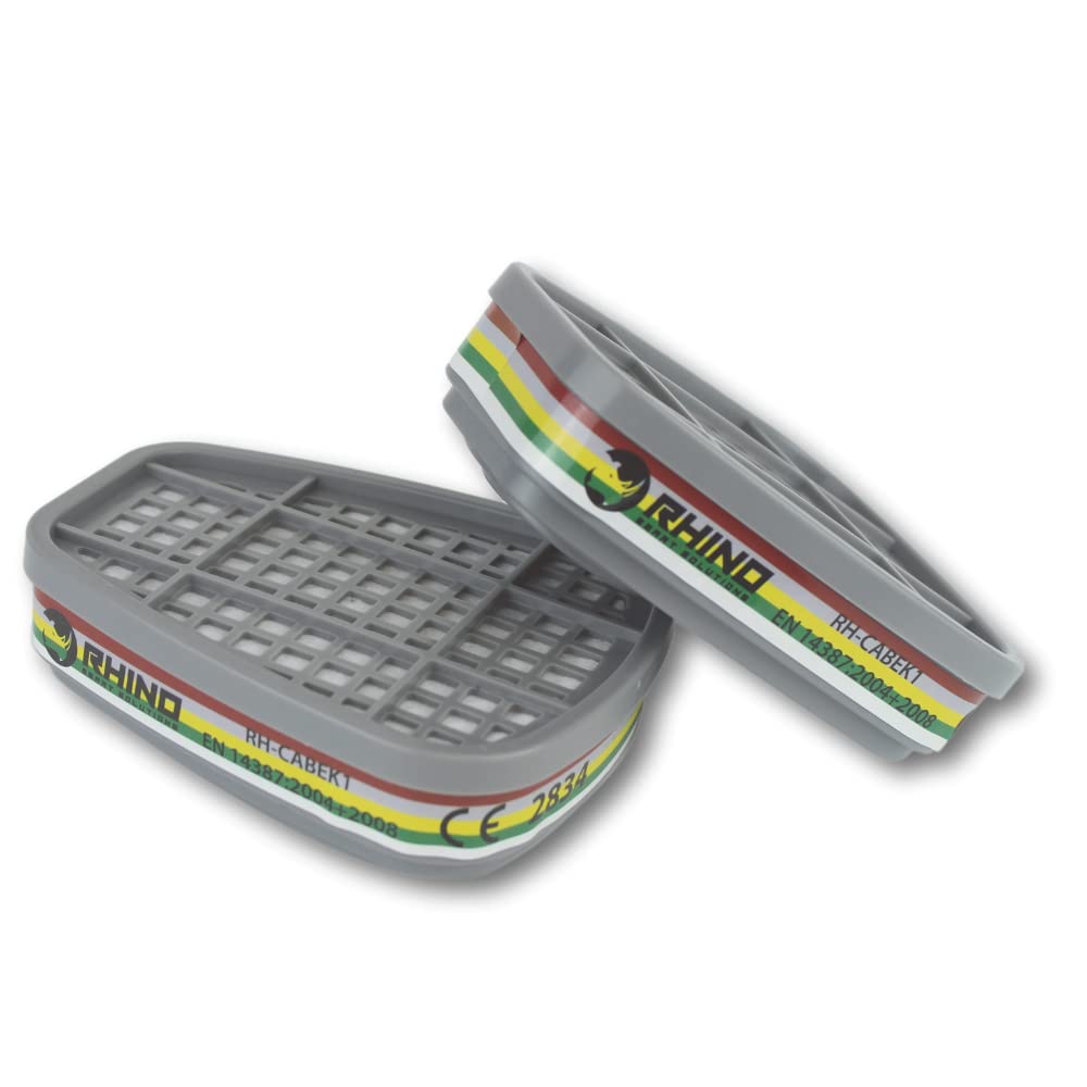 Lot de 2 Cartouches de Charbon Actif Rhino ABEK1 (Vapeurs Organiques, Inorganiques, Gaz Acides et Ammoniac) pour Masques Complets et Semi-Masques Type RH-M101, RH-7011 et Masque 3M