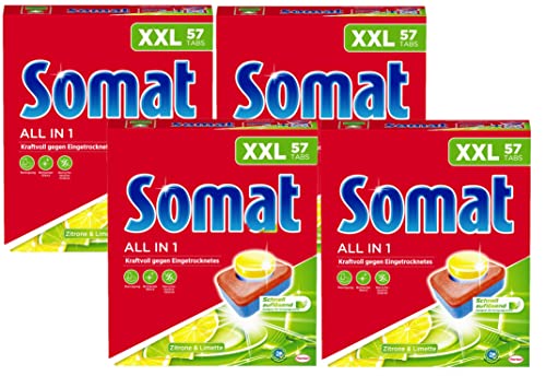Somat All in 1 Zitrone & Limette Spülmaschinen Tabs, 228 (4x 57 Tabs), XXL Pack, Geschirrspül Tabs für kraftvolle Reinigung mit...
