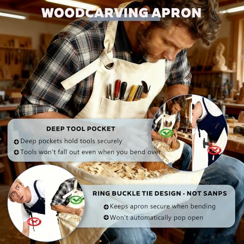 Image of Woodcarving Apron-Work Apron with Brown Leather Chest Patches, Tool Pocket