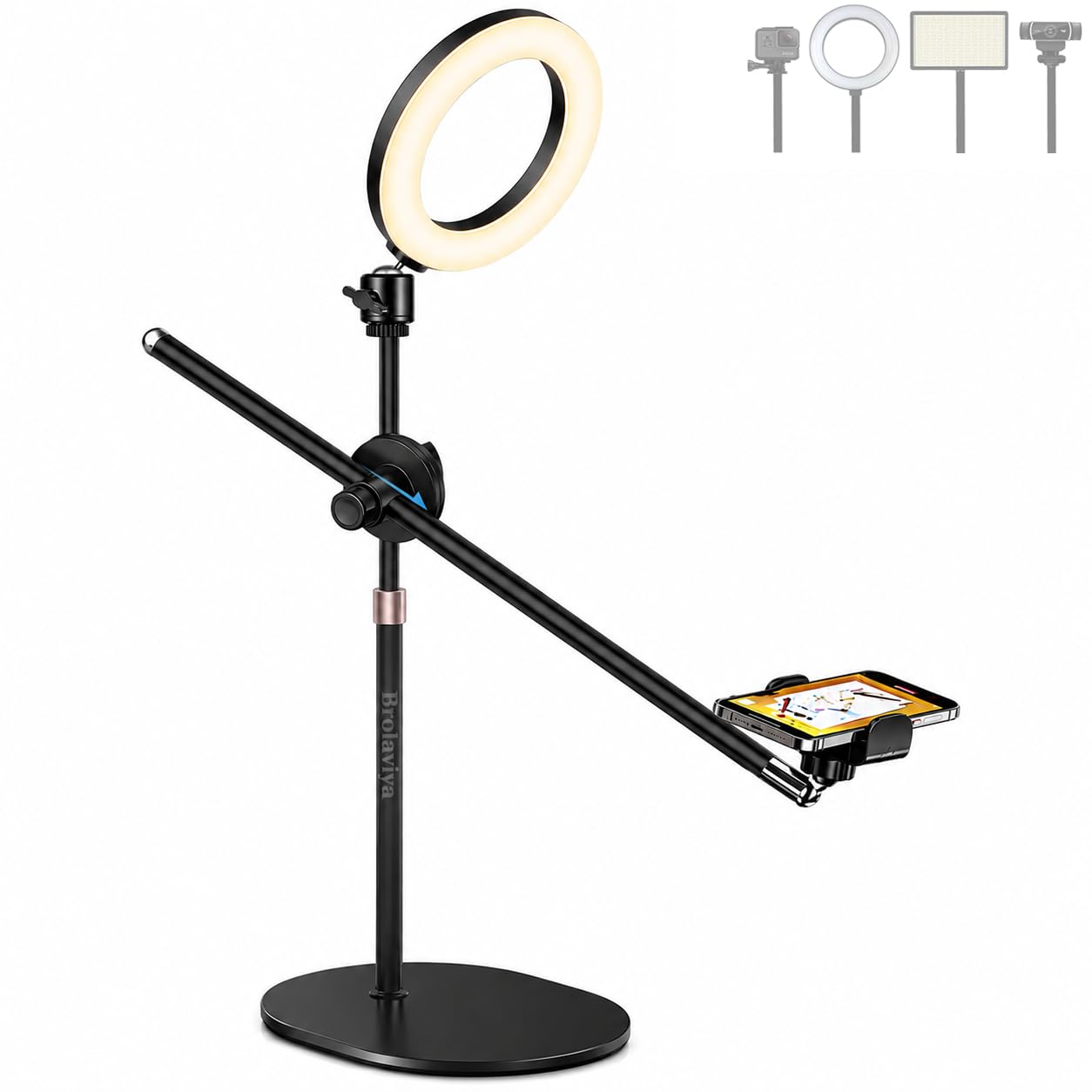 BROLAVIYA Overhead Video Floor Stand, with 6-inch Ring Light, Premium Metal Body, 1/4" Head for Webcam,Gopro, Mobile Bracket for YouTube, TikTok, Desktop,Cooking and Recording.-image-45