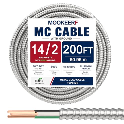 Image of MOOKEERF 14 /2 MC Cable with Ground - 200FT Pure Copper 14AWG /2 Metal Clad Wire with Aluminum Armor 14 Gauge 2 Conductor Type MC Alum Cable