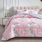 Kids Girls Bed in a Bag 6 Pieces Twin Size Unicorn Pink Colorful Comforter Set - (1 Soft Microfiber, Reversible Comforter, 2 Pillow Shams, 1 Flat Sheet, 1 Fitted Sheet, 1 Pillowcases)