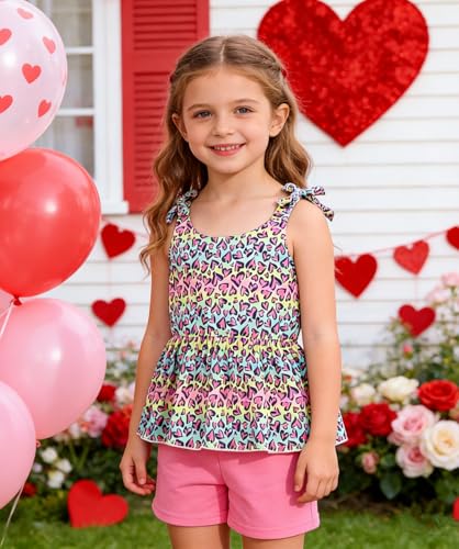 Image of Toddler Girls Clothes Summer Short Set Outfit Tie Knot Shoulder Sleeveless Ruffle Tops and Shorts 2PC Clothing Set