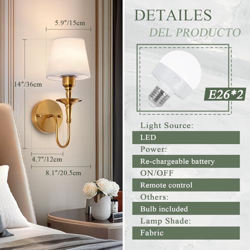 Image of EIDISUNY Vintage Wall Sconces Set of 2, Wireless Wall Lamp with RGB Rechargeable Dimmable Bulbs, Brass-Color Battery Operated Wall Sconce with Remote for Bedroom, Living Room, Hallway Bulbs Included