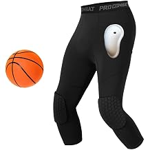 Compression Pants with Knee Pads and Protective Cup for Mens in Baseball Football Lacrosse MMA Basketball and Hockey, Black.