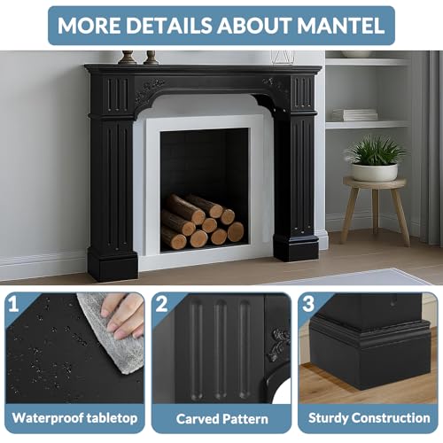 Image of Black Fireplace Mantel, Rustic Freestanding Surround Mantel for Fireplace with Decorative Pattern, Wooden Mantle with Leg for Living Room, Anti-Tipping & Waterproof, 43.3 inch W x 39.7 inch H