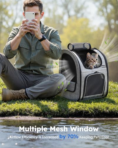 Pecute Haustier Rucksack mit Netzfenster, Tragbare und Faltbare Katzentasche, Atmungsaktive und Leichte Hundetasche, Wasserdichtes Oxford-Tuch mit viel Platz, Multifunktionales Rutschfestes Grau 6kg