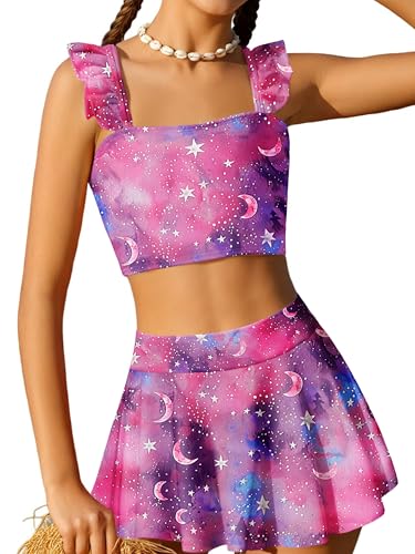 Image of Arshiner Girls Swimsuit 3 Piece Bathing Suits Cute Bikini Tankini Sets Teen Ruffle Swimwear with Cover Up Skirt