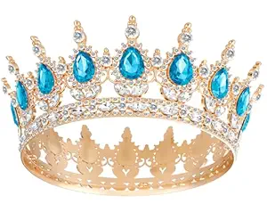 Crown for Women, Queen Crown Tiara for Princess Party (Gold Light Blue)