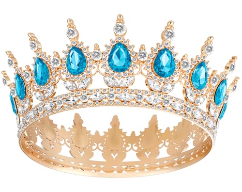 Crown for Women, Queen Crown Tiara for Princess Party (Gold Light Blue)