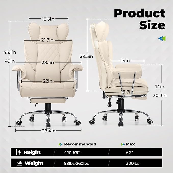 Image of GTPLAYER Big and Tall Office Chair, High Back PU Leather Gaming Chair with Footrest, Executive Ergonomic Office Chair with Pocket Spring Lumbar Support and with Outward Fixed Soft Armrests
