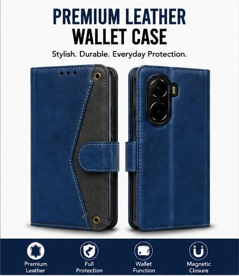 Image of HushLush Premium Flip Cover Compatible for Redmi A7 Pro | Shockproof Wallet Style Protective Case with Card Slots, Magnetic Closure, Stand Function & Full Body Protection (Dual Tone Metallic) (Blue)