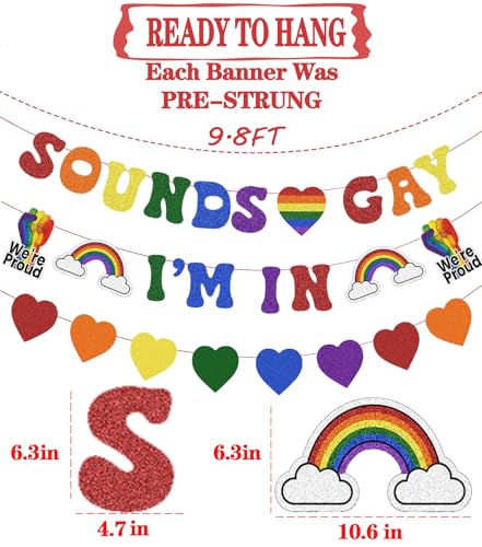 Image of Pre Strung Sounds Gay I'm In Banner Pride Month Decorations, Glitter Rainbow Sign for LGBTQ+ LGBT Party Lesbian Gay Bisexual Transgender Queer Celebration Home Indoor Photo Props Backdrop Decor