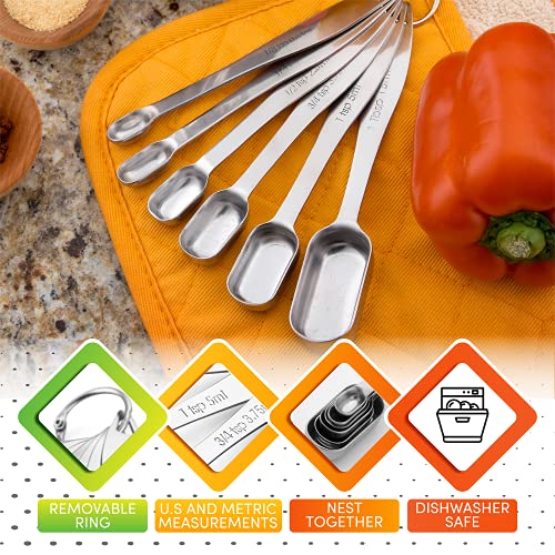 Spring Chef Heavy Duty Stainless Steel Metal Measuring Spoons For Dry Or Liquid, Fits In Spice Jar, Set Of 7 Including Leveler #TOP5