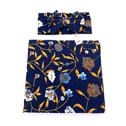 Newborn Baby Sleep Receiving Blanket and Bow Headband Set Baby Swaddle Blanket Galabloomer (Dark Blue)