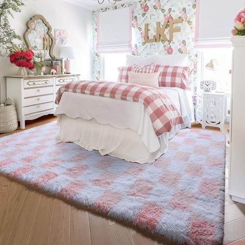 Image of KICMOR 5x7 Area Rugs for Living Room, Fluffy Soft Light Pink and White Checkered Rug Fuzzy Shag Shaggy Carpet for Bedroom, Cute Furry Plush Rug for Teen Kids Girls Dorm Nursery Playroom Home Decor