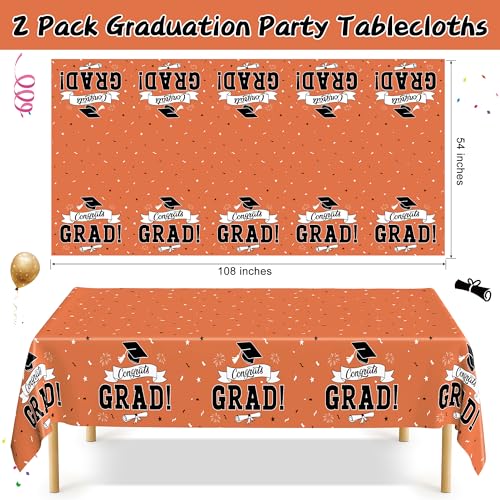 Image of 2Pcs 2026 Graduation Table cloths, 108 inch X 54 inch Orange Grad Party Decorations, Disposable Plastic Tablecover for Grad Decor Party Supplies, Rectangle Table Covers for Class 2026 Congrats Grad for kids