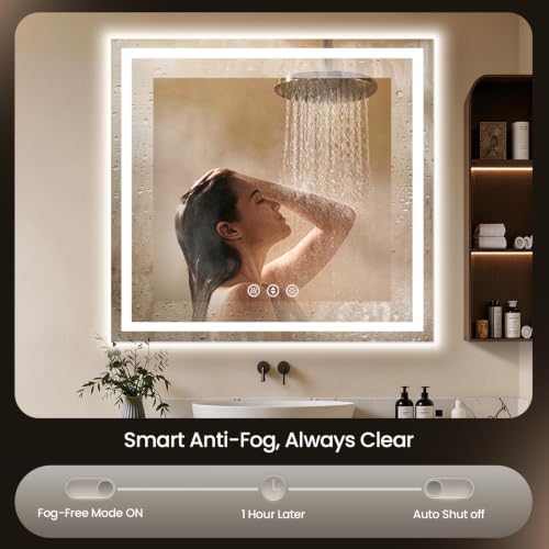 Image of 48x48 LED Bathroom Mirror with Anti-Fog, Backlit & Front Lit, Memory | Stepless Dimmable 3 Color CRI 95+ Shatterproof Tempered Glass ETL Listed for Safety Lighted Bathroom Vanity Mirror for Wall
