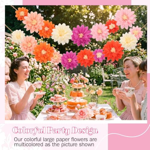 Image of Geyee 18 Pcs Mexican Paper Flowers Colorful Fiesta Tissue Paper Flowers Pom Poms Mexican Carnival for Floral Party Backdrop Wedding Birthday Party Craft (Pink Orange Series,6 inch 8 inch 10 inch)