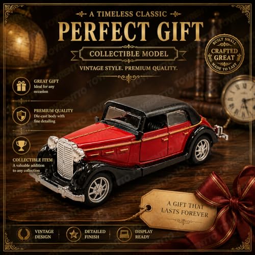 Image of 1:36 Scale Vintage Classic Toy Car Pull Back Action Die Cast Metal Model Car Red Black Retro Collectible Vehicle with Opening Doors for Kids Boys Girls Gift