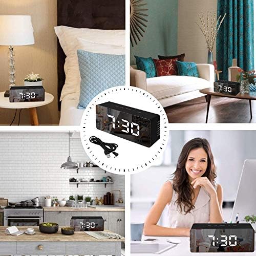 FXDM Digital Mirror Alarm, LED Bedside Clock with Temperature, Snooze,voice Control Makeup Mirror Adjustable Brightness LED Clock-Black, One Size (F05)