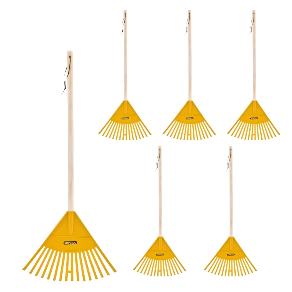 Superio Kids Leaf Rake, 34-Inch Lawn &amp; Garden Rake with Hardwood Handle and Durable Plastic Head, Leaf Cleanup Tool, Yellow 6 Pack