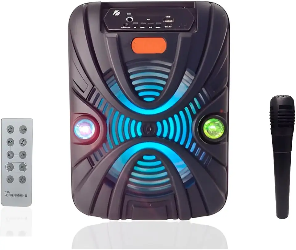 Caixa de Som Portátil Bluetooth com Microfone e Controle Remoto, 10W, Karaokê, Rádio FM, USB, 30x22cm, Bateria 1200mAh, LED Colorido