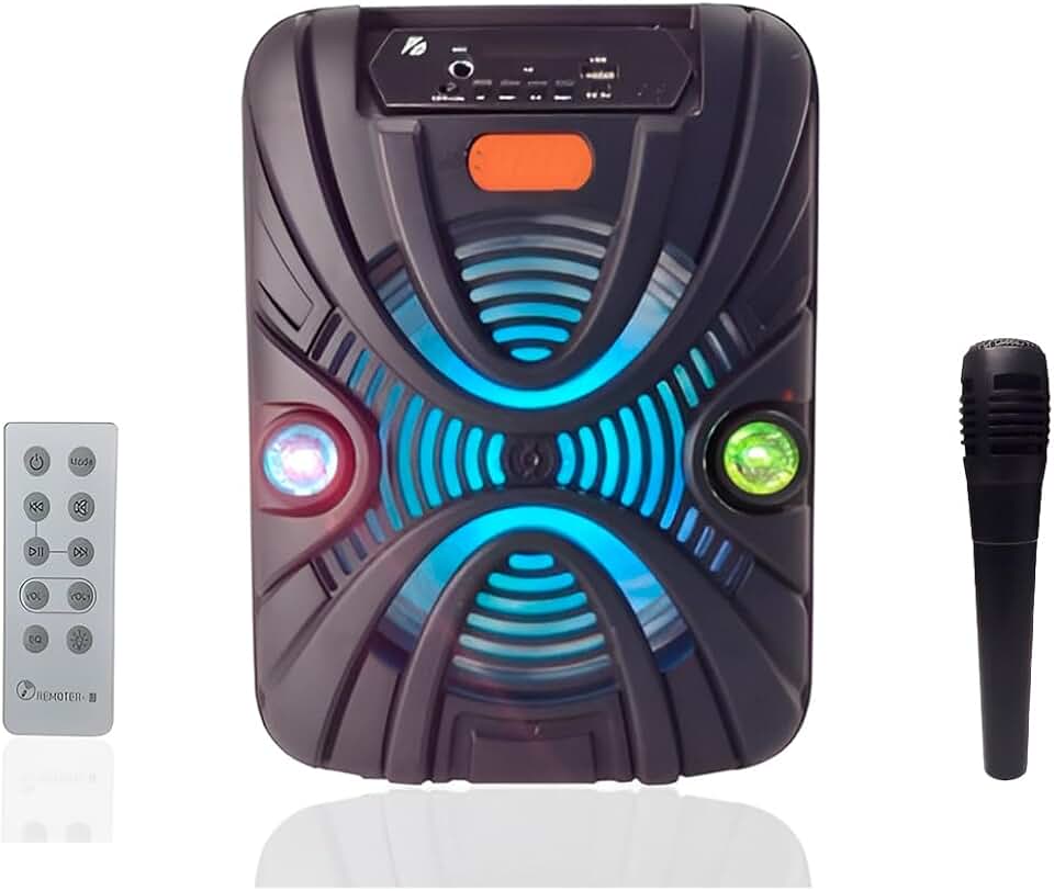 Caixa de Som Portátil Bluetooth com Microfone e Controle Remoto, 10W, Karaokê, Rádio FM, USB, 30x22cm, Bateria 1200mAh, LED Colorido