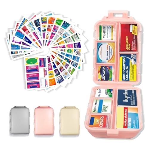 Image of Large Pill Organizer 3 Pack with 146x3 Labels, Pink Grey Beige | Set of 3 large 10-compartment pill cases with 146x3 labels for vitamins, supplements, daily routines, work, and travel
