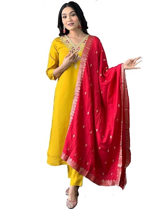 griva lifestyle Rayon Kurti Pant and Dupatta Set, Mustard Yellow with Red Dupatta, Embroidered V-Neck, 3-Piece Ethnic Wear-picture-35