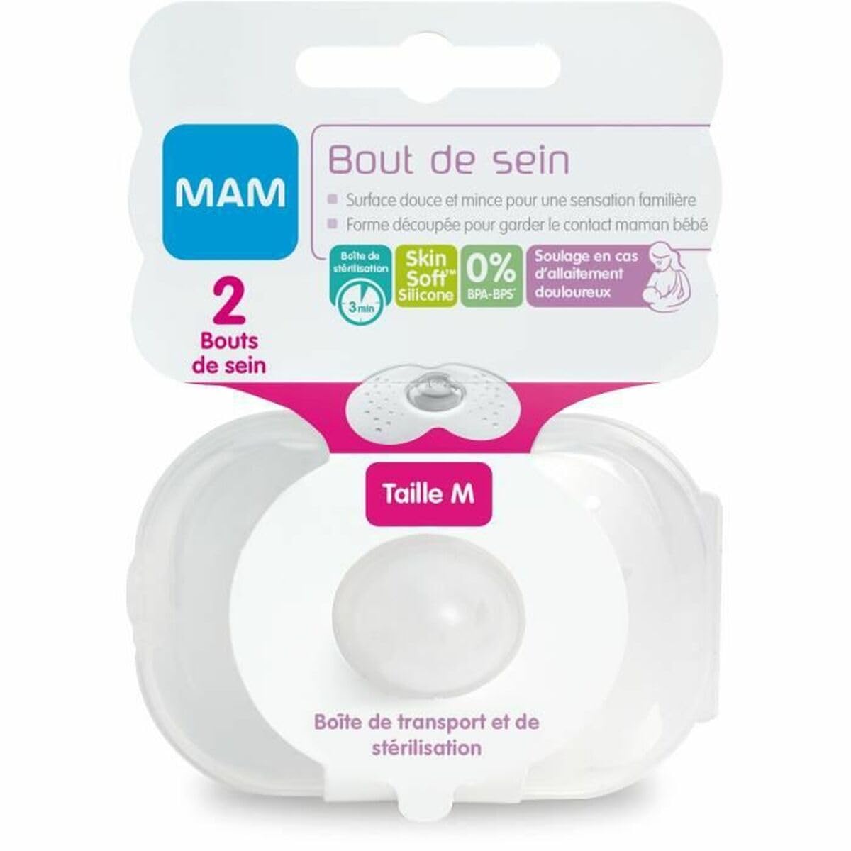 MAM Bouts de sein – Lot de 2 bouts de sein en silicone (taille M, 20 mm) – Accessoire spécial allaitement doux comme la peau avec boîte de stérilisation