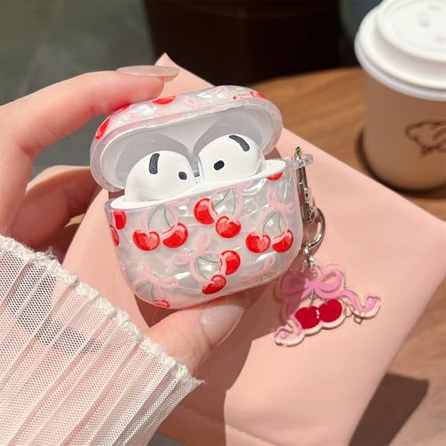 Image of MINSCOSE for Cute Glitter AirPods 4 Case,Shell Pattern Cherry Bow Trendy Design with Keychain,Protective Shockproof Cover for Airpods iPod 4th Generation for Women Girl-Red