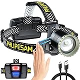 LED Rechargeable Headlamp high Lumen with Motion Sensor, Zoomable Bright Headlamp for Adults, IP68 Waterproof, 115° Adjustable Head Lights for Forehead, High Power for Camping, Hiking, Hard Hat