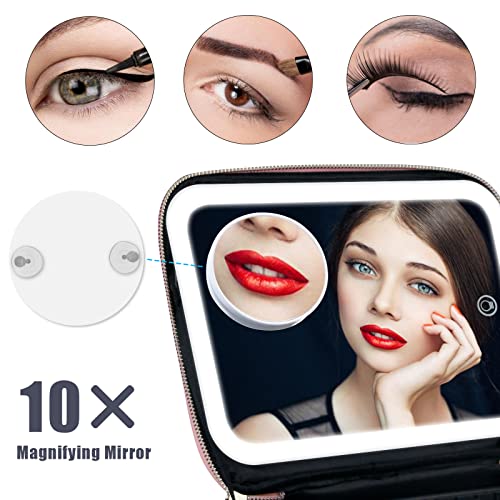 Micsci Travel Makeup Bag With Led Lighted Mirror, Travel Makeup Train Case Organizer With Light Up Mirror, 3 Color Led Light Portable Cosmetic Storage Bag With Dividers,10X Magnifying Mirror(Pink) #TOP3