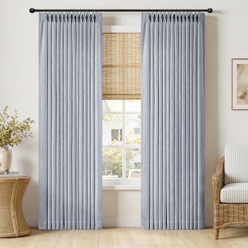 MIULEE Pinch Pleated Thick Linen Curtains 84 Inches Long 2 Panels for Living Room Bedroom Linen Textured Memory Trained Drapes Pleat Back Tab Light Filtering Light Blue Window Curtains with Hooks