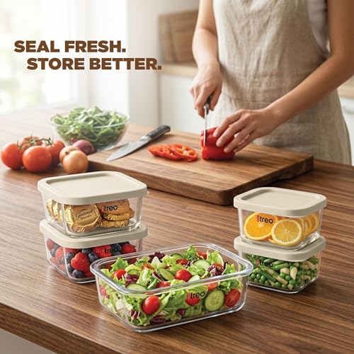 Image of Treo By Milton Nutri Borosilicate Glass Containers for Fridge Storage Set of 6 (1 x 1200ml, 1 x 750ml, 2 x 520ml, 2 x 310ml) Stackable Glass Container with Lid, Microwave & Dishwasher Safe, Beige