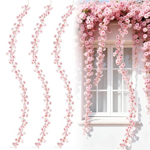 Xionghonglong 3 Stück Rosa Künstliche Kirschblüten Girlande 180cm Kunstblumen Girlande wie echt Blumengirlande für Frühlingsdeko Innen & Außen Fake Blumen Hängedeko für Hochzeit Party Home Deko