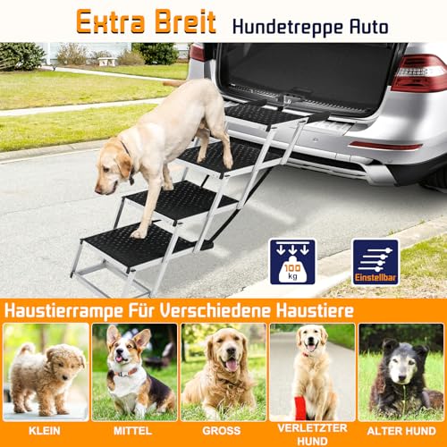 Hundetreppe Für Große Hunde, Extra Breit 4 Stufen Hunderampe Klappbar, Leichte Und rutschfeste Hundetreppe Für Auto, Lastwagen Und SUV, Unterstützung Bis 100 KG