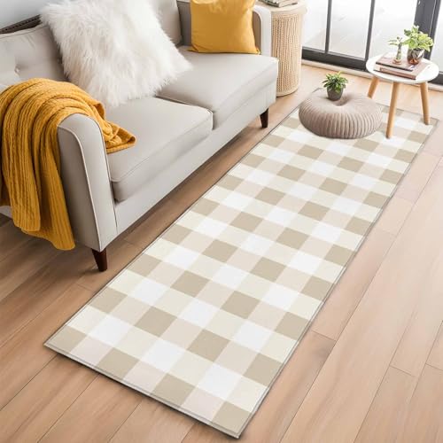 Tapete Runner Beige Cuadros 2x6 Antideslizante Lavable