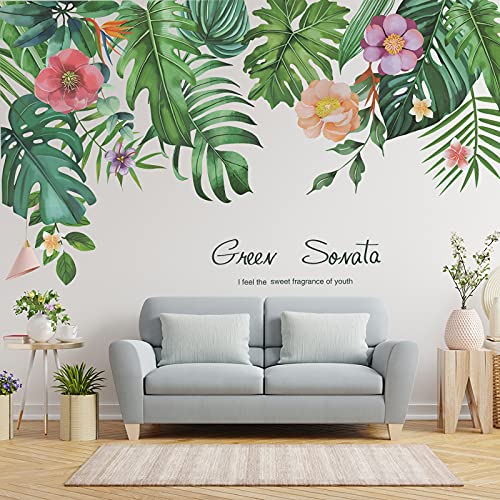 Tropical Leaves Green Plants Wall Stcikers, Dilibra Nature Palm Tree Hanging Banana Leaf And Flowers Wall Decal, Giant Peel And Stick Monstera Murals For Bedroom Living Room Office Home Decor #TOP5