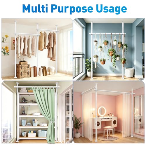 Image of SUNALLY Room Divider Tension Curtain Rod, No Drilling Room Separator for Space Partition, 4-10ft(H) 32-100inch(W) Adjustable Heavy Duty Temporary Wall Divider Floor to Ceiling Tension Rod, White