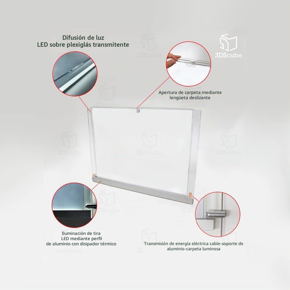 Expositor con cables luminosos de una cara para escaparate, Evo LED Kit 1 x 4 con carpetas luminosas de metacrilato formato A4 horizontal, porta anuncios para agencias inmobiliarias, estudios